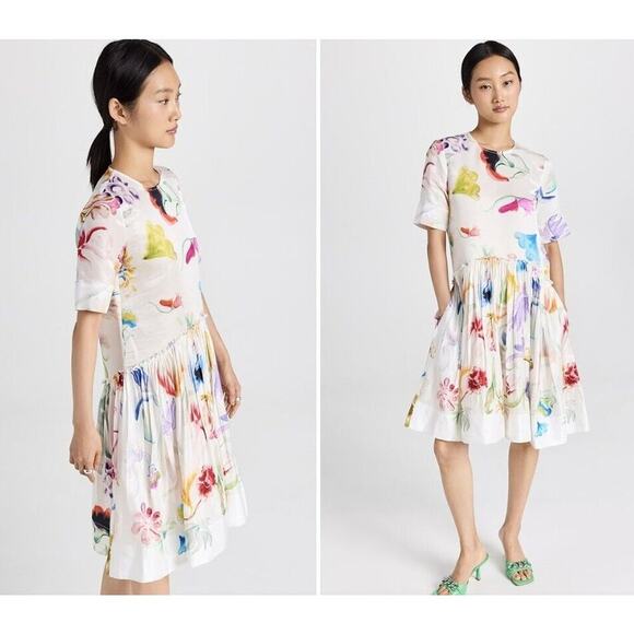 NWD ROSIE ASSOULIN Ebbs and Flows gathered floral linen mini dress Size 2 #2A501 - Picture 3 of 10